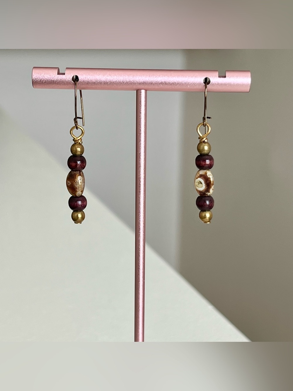 Vintage Boho Dzi Agate Bead Drop Earrings | Tibetan Brass Artisan Dangle